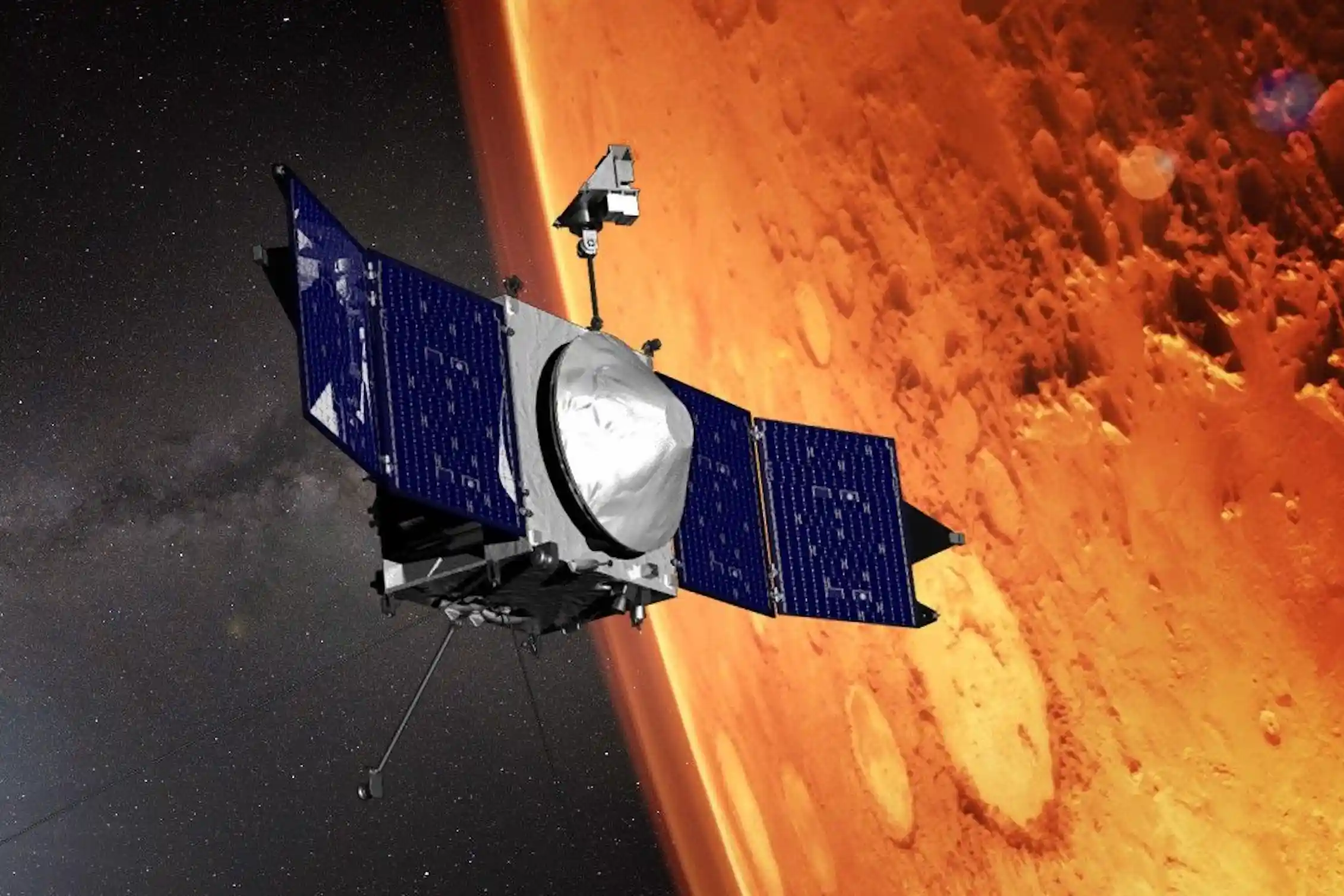 An illustration of a Mars orbiter, which looks like a box with two solar panels sticking out on two sides like wings, in orbit above Mars
