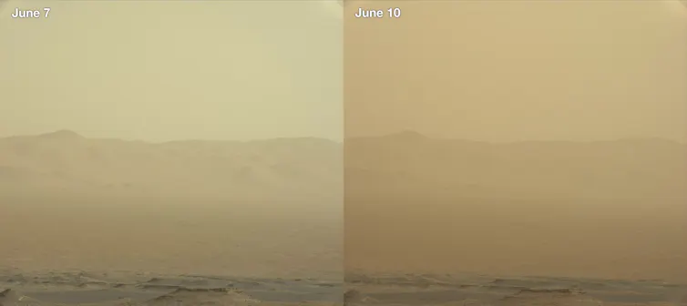 Two images show a dusty landscape with a ridge in the background. One is visibly darker than the other.
