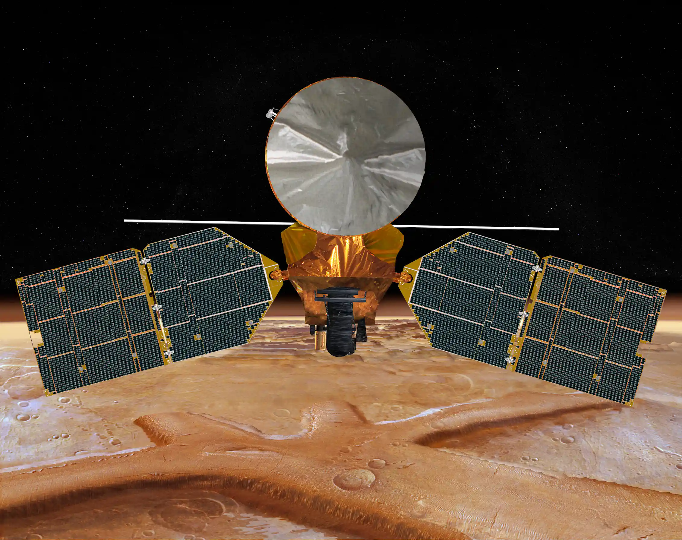 A spacecraft that looks like a cylinder, with a cone head and two solar panels coming off its side, floating through space with Mars in the background.