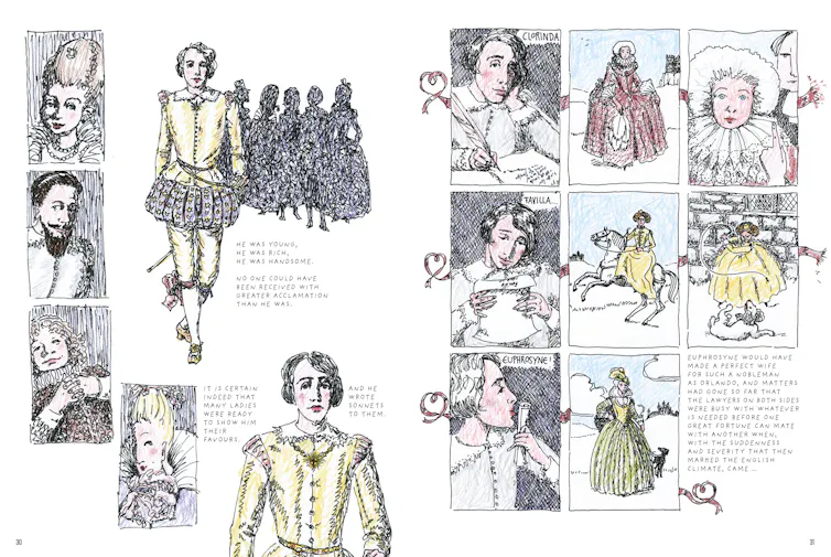 Orlando dressed as a woman and as a man.