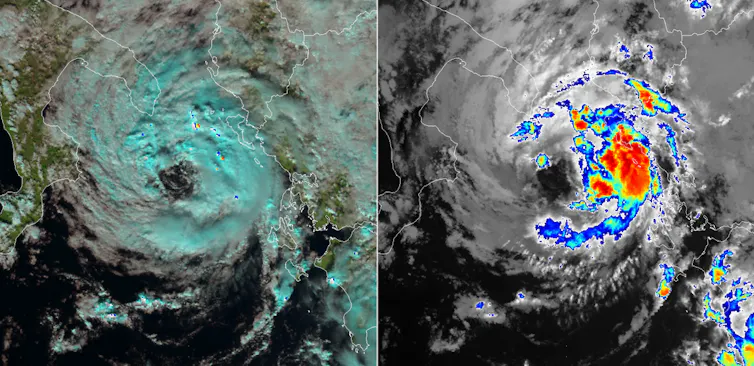 Cuatro imágenes de satélite que muestran una espiral de nubes con diferentes colores