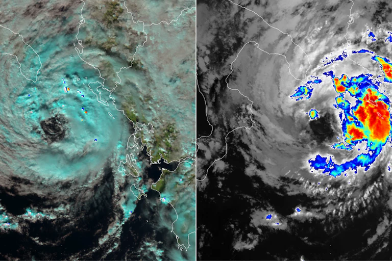 Cuatro imágenes de satélite que muestran una espiral de nubes con diferentes colores