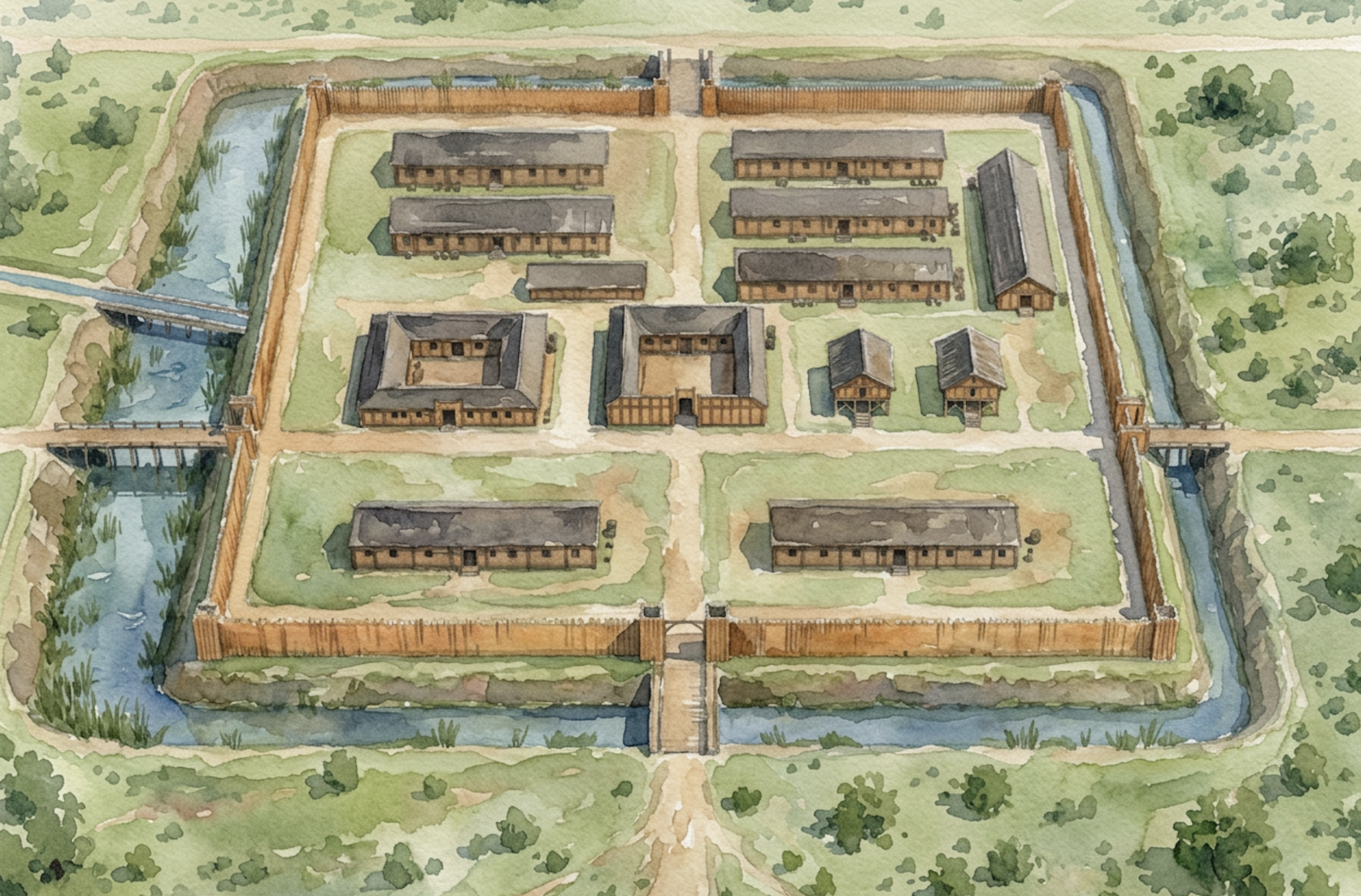 Reconstruction of the Roman auxiliary fort in watercolour.