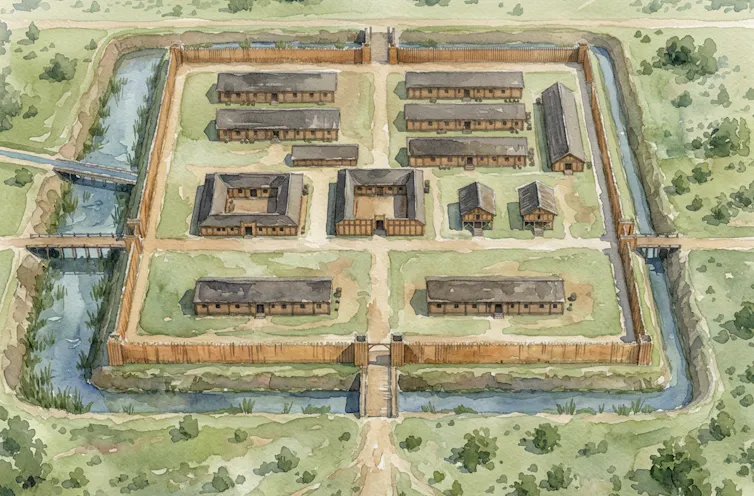 Reconstruction of the Roman auxiliary fort in watercolour.