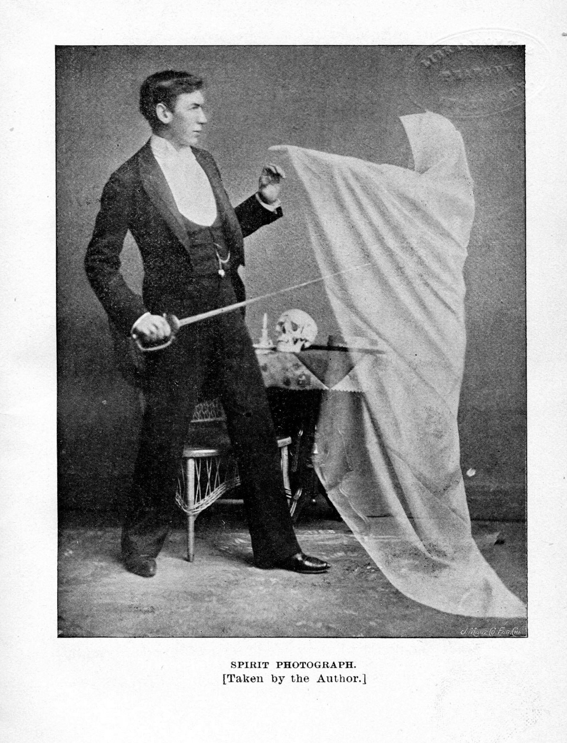 A Victorian man tussling with a ghostly figure in a white sheet.