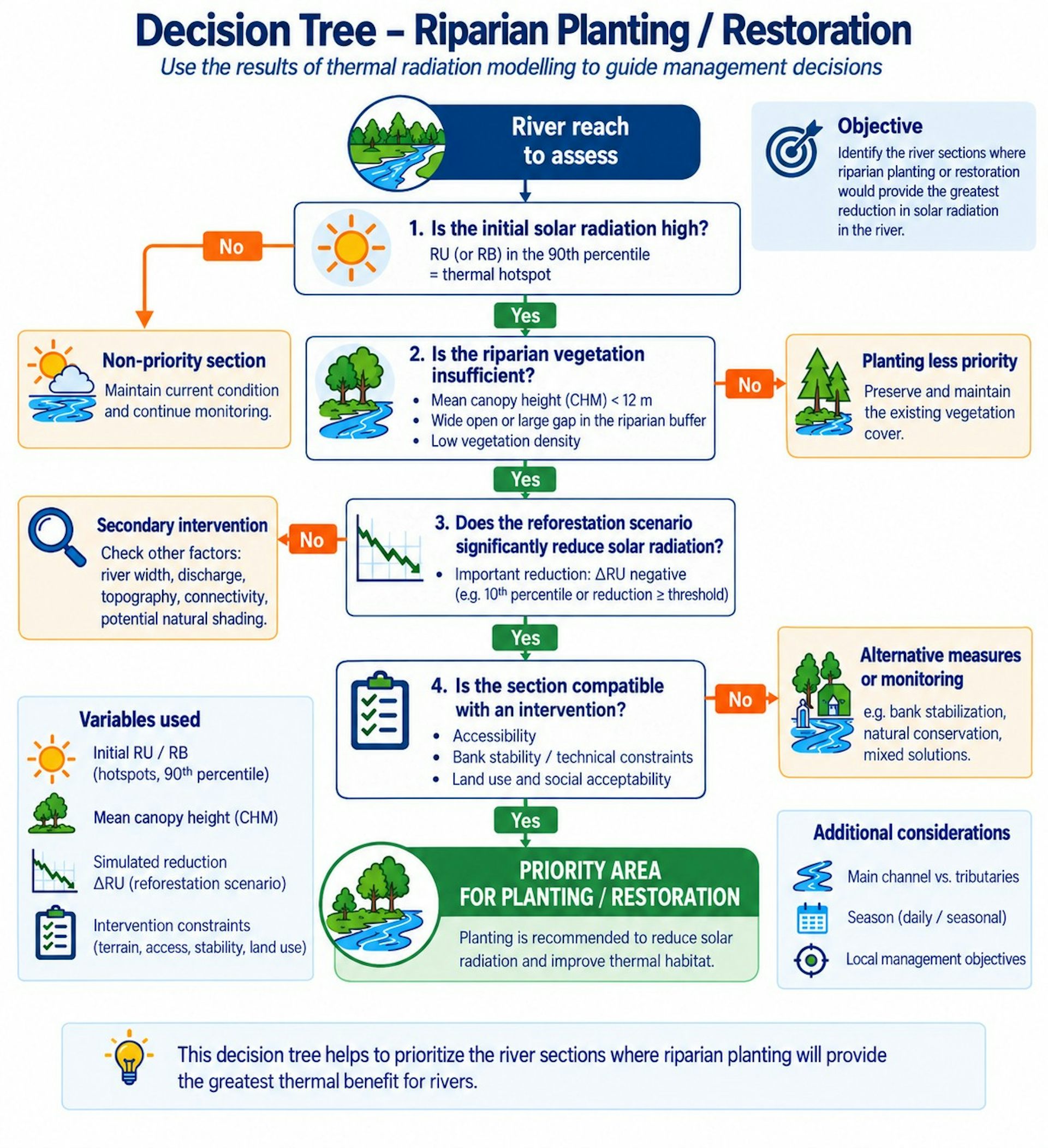 Decision tree with boxes and arrows illustrating vegetation planting along riverbanks