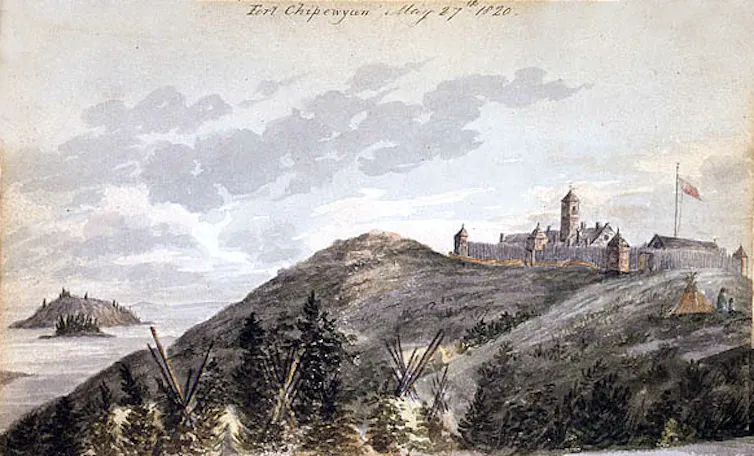 a drawing of a town on a hill