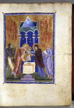 A brightly painted illustration on a faded piece of paper shows an elderly man and a cloaked woman holding up an infant.