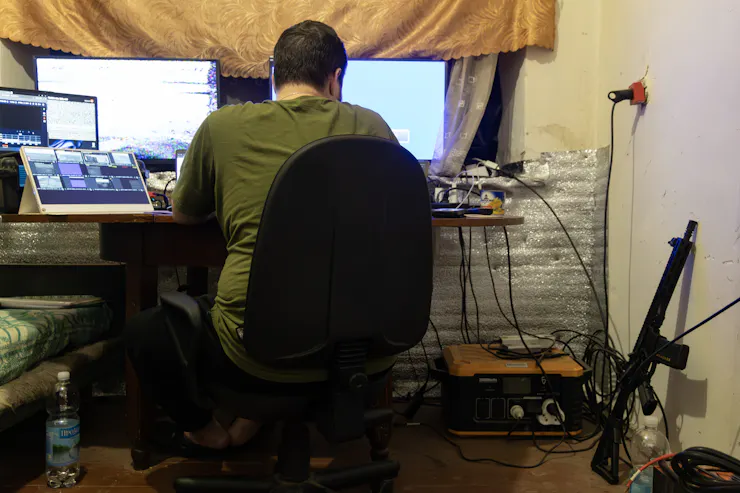 A man sits in front of a bank of computer screens.