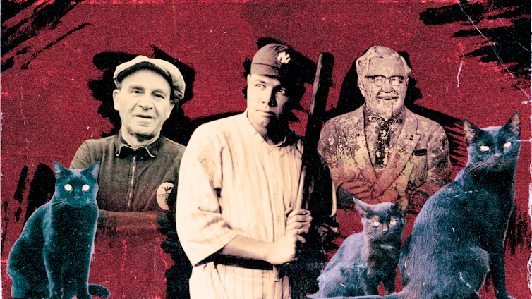 A composite image shows several black cats, Babe Ruth and Colonel Sanders against a red backdrop.