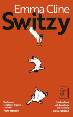 book cover: Switzy - An orange cover with an image of a little man in a white nightgown falling through the air, out of a bed.