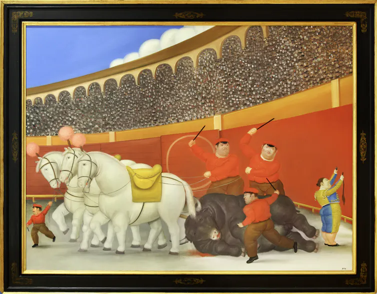 Painting of men with horses, whipping a bull
