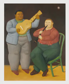 Painting of a man playing a guitar next to a seated man playing flute