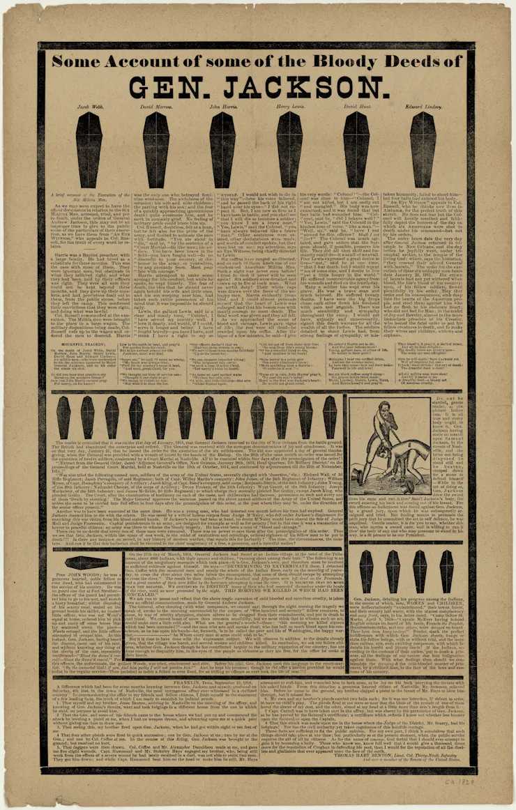 black-and-white document 'Some account of the bloody deeds of General Andrew Jackson' with coffin illustrations