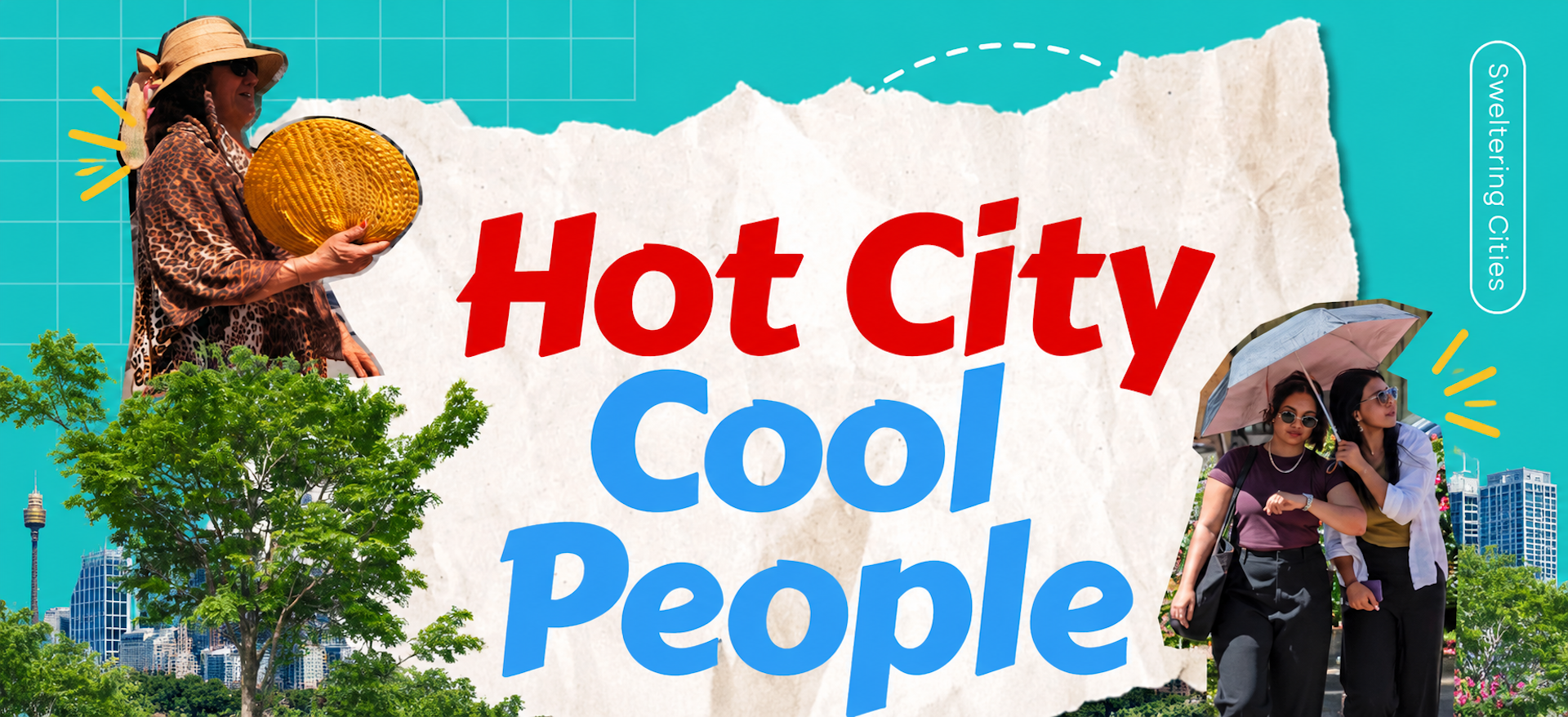 A graphic showing various people living in extreme heat, with the text 