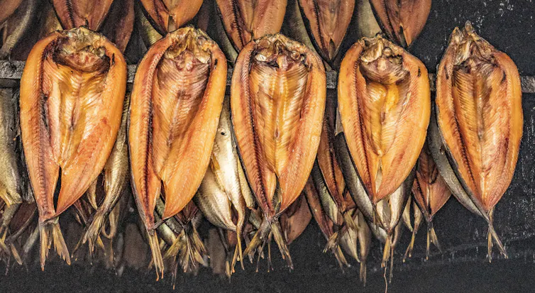 five orange-coloured hanging smoked kipper fish