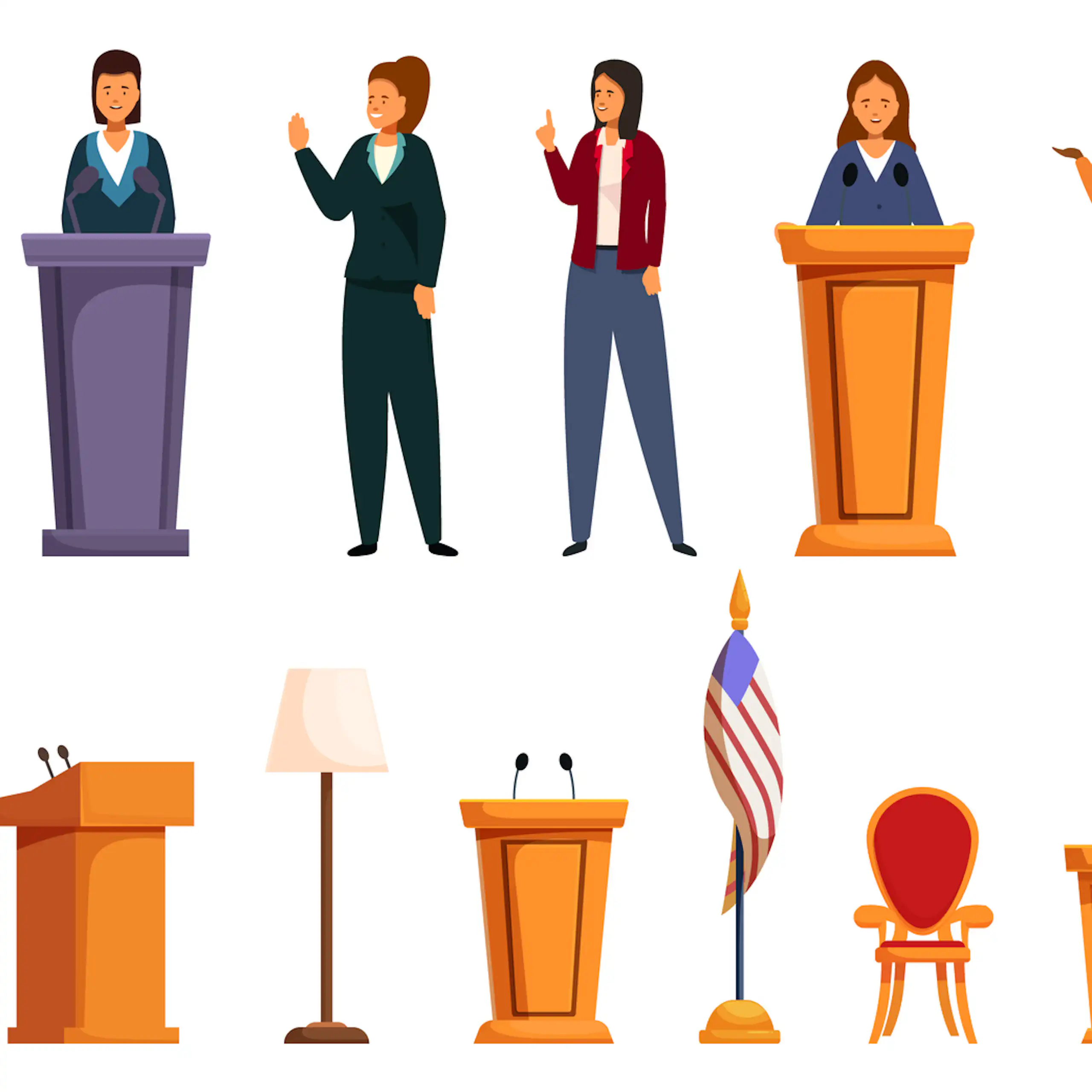 A group of women standing and making speeches, with some behind lecterns.