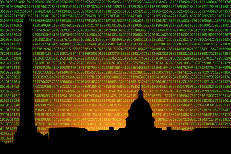 An illustration of a government building with digital code behind it.