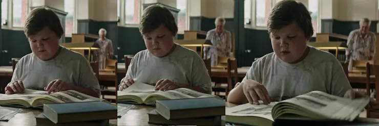 Three sequential film stills of a boy reading a book in a library while a librarian stands in the background