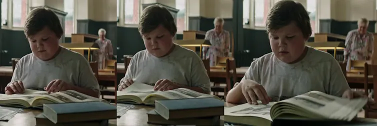 Three sequential film stills of a boy reading a book in a library while a librarian stands in the background