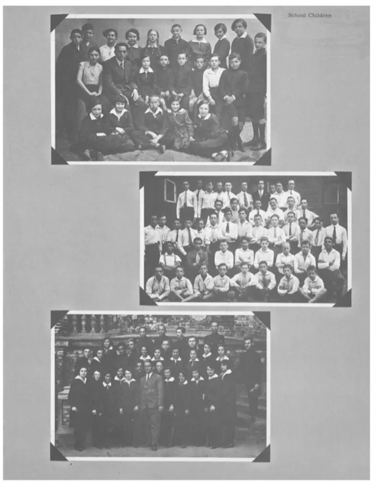 Three black and white photos arranged on a page. Each one shows a portrait of several rows of schoolchildren.