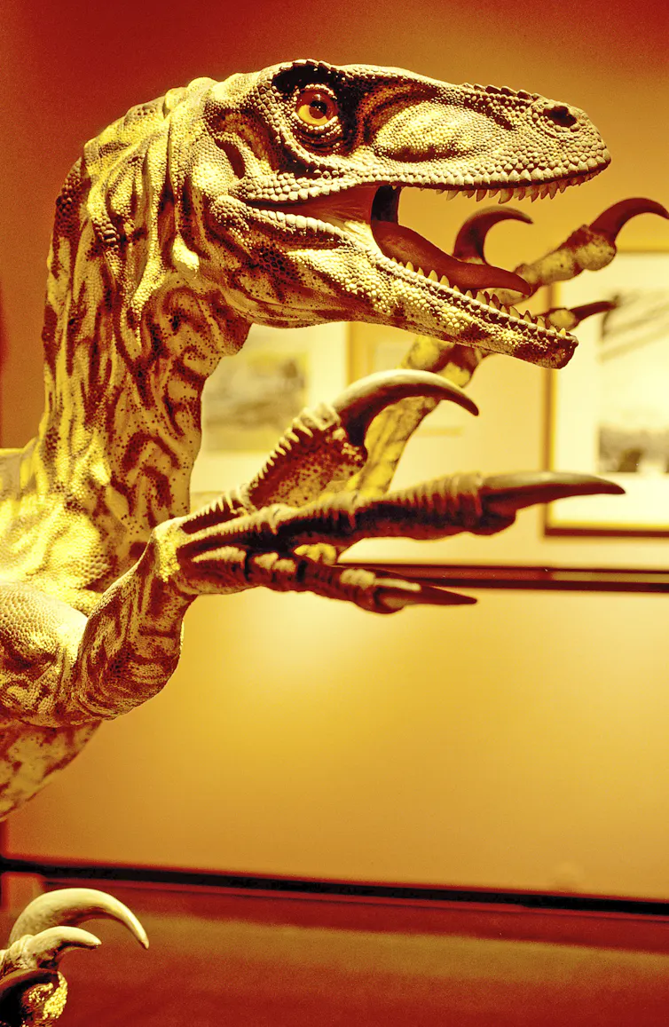 Head and arms of dinosaur replica in orange lighting