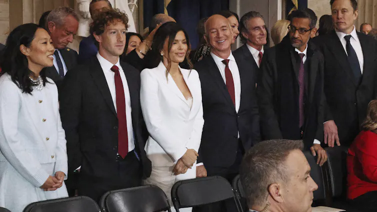 From left, Priscilla Chan, Meta CEO Mark Zuckerberg, Lauren Sanchez, Amazon founder Jeff Bezos, Google CEO Sundar Pichai and Elon Musk attend President Donald Trump's inauguration in the Rotunda of the U.S. Capitol on Jan. 20, 2025.