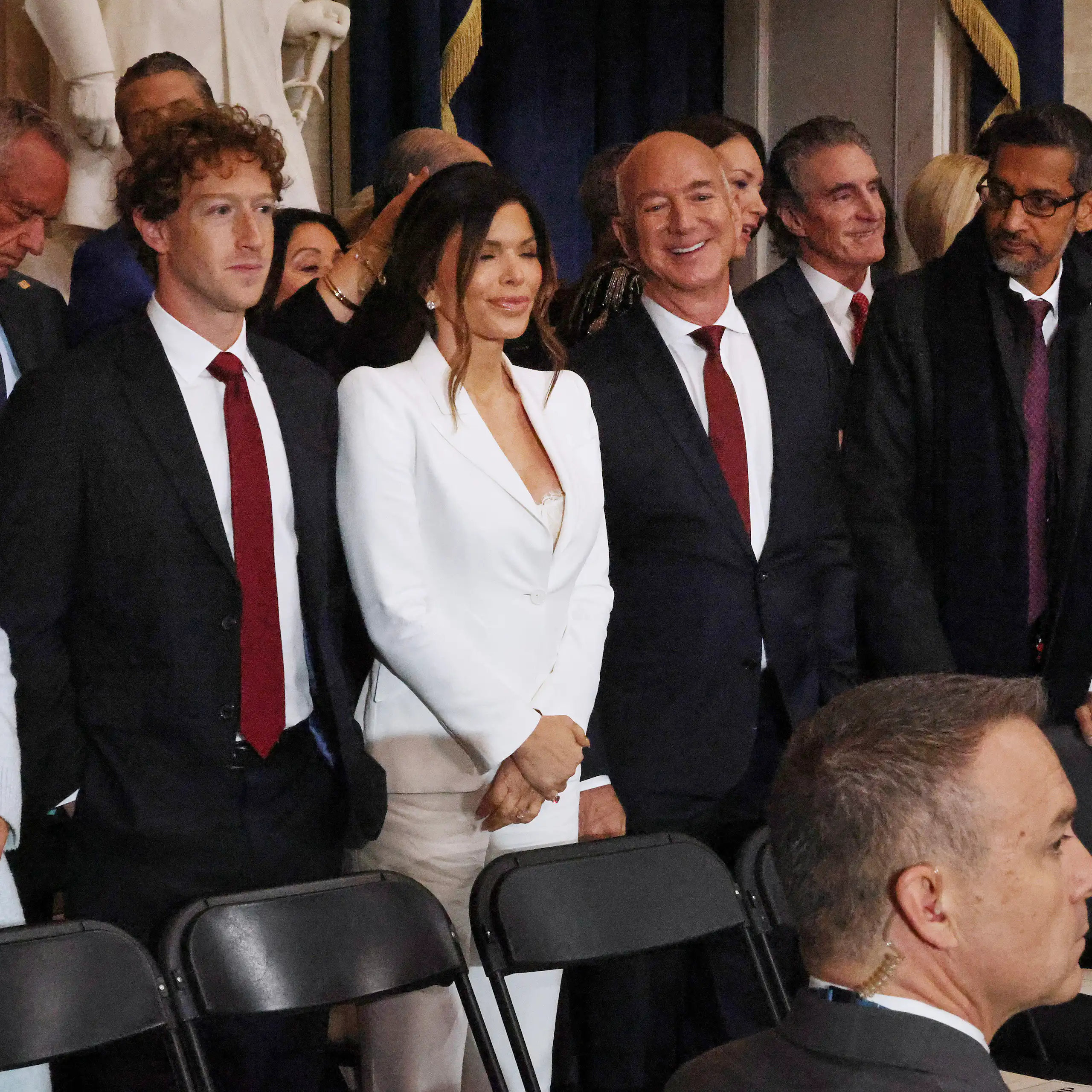 From left, Priscilla Chan, Meta CEO Mark Zuckerberg, Lauren Sanchez, Amazon founder Jeff Bezos, Google CEO Sundar Pichai and Elon Musk attend President Donald Trump's inauguration in the Rotunda of the U.S. Capitol on Jan. 20, 2025.