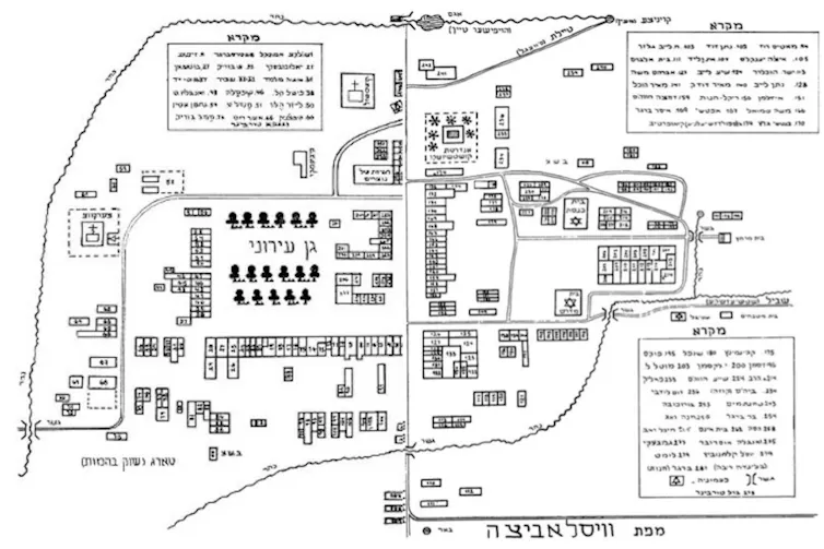 A tidy hand-drawn map of a small town, with labels written in Hebrew letters.