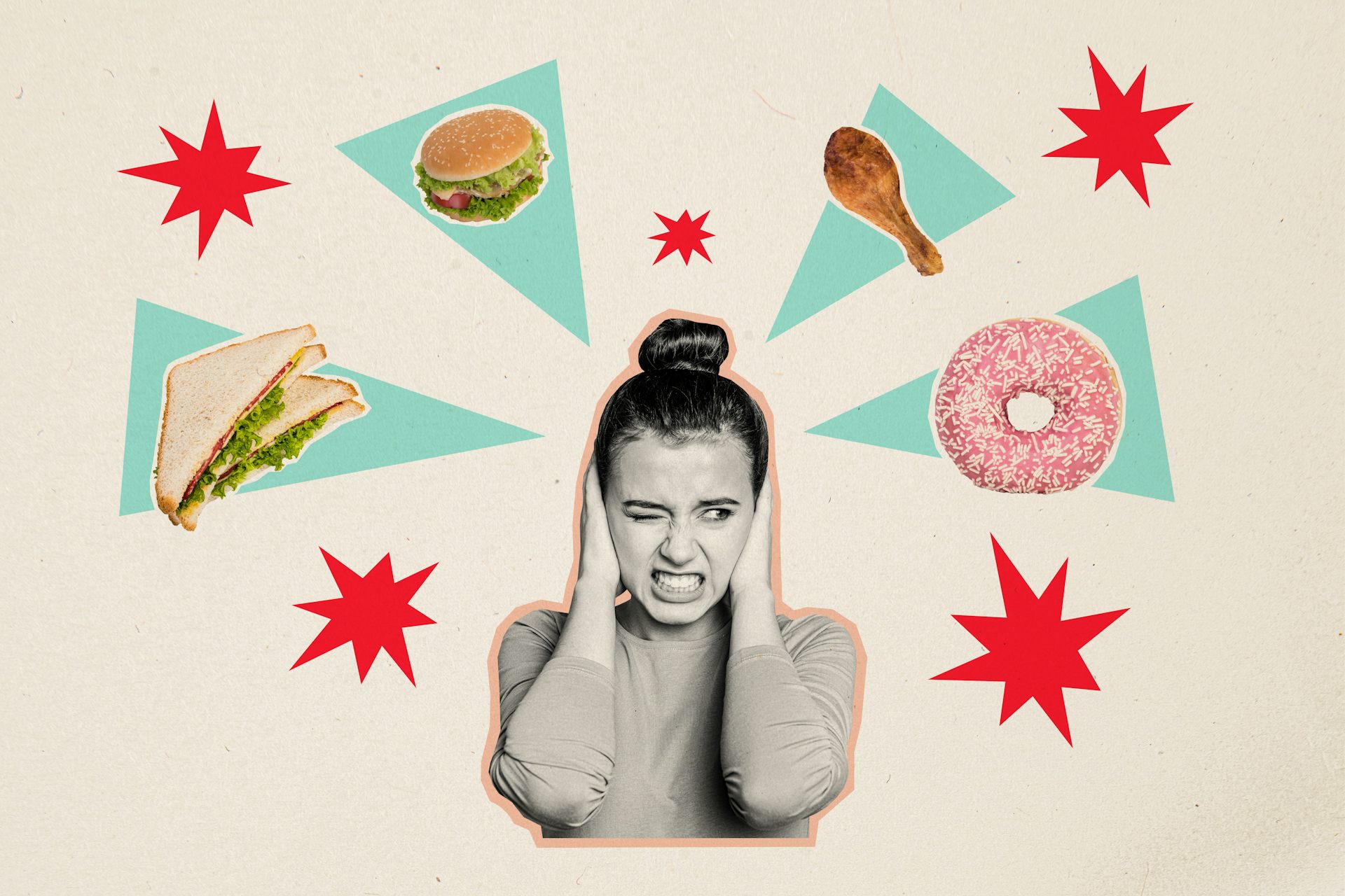 Composite photo collage of annoyed woman holding her ears to block out food noise