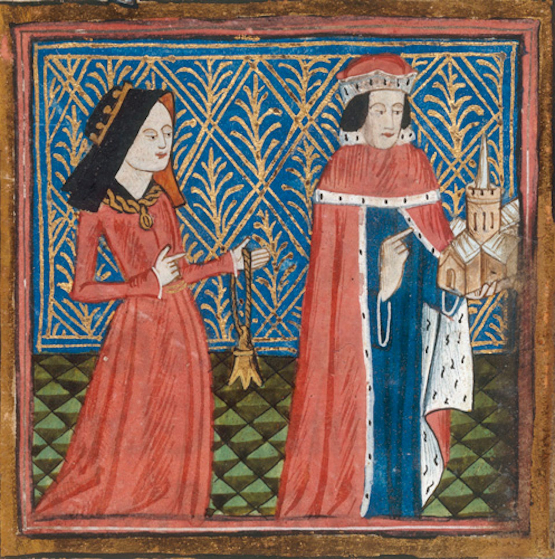 An image of a duke and duchess from an historic medieval manuscript from St Albans Abbey.