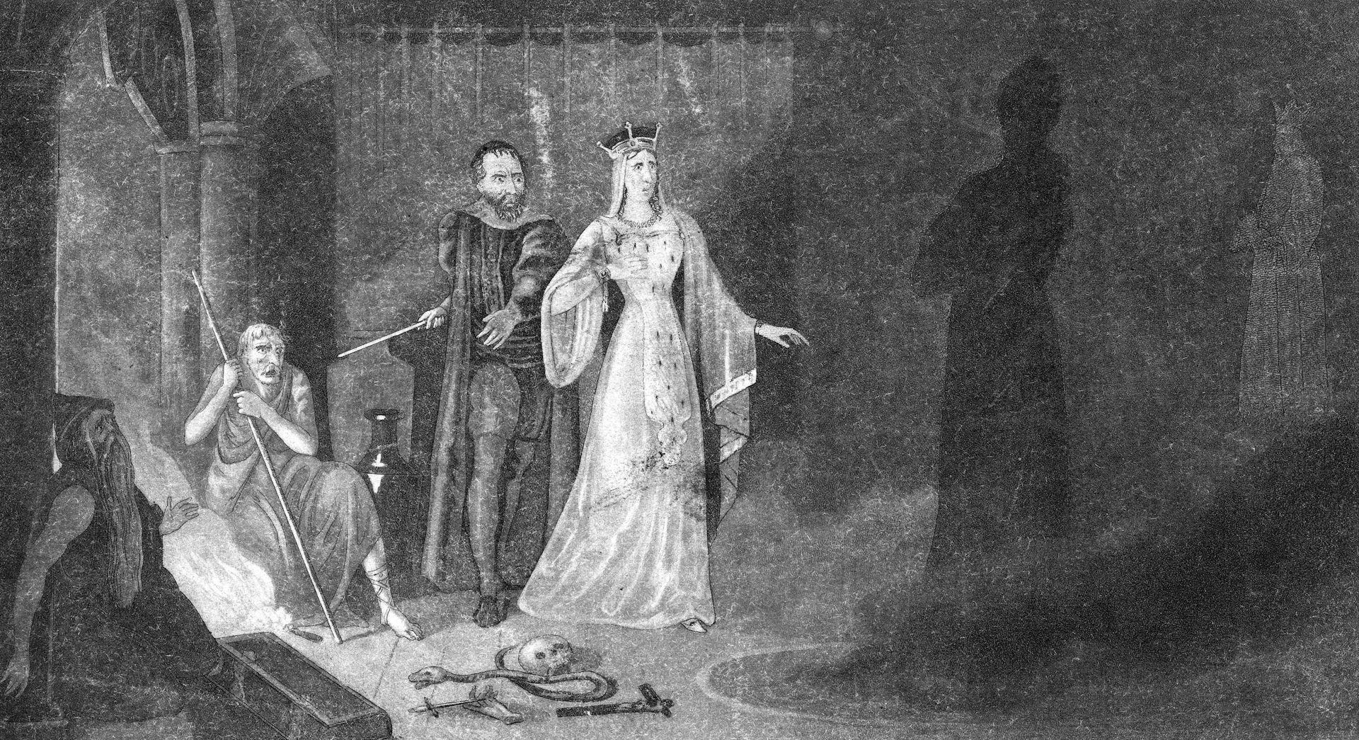 A black and white mezzotint showing a gentlewoman and a witch in a conjuring from medieval times.