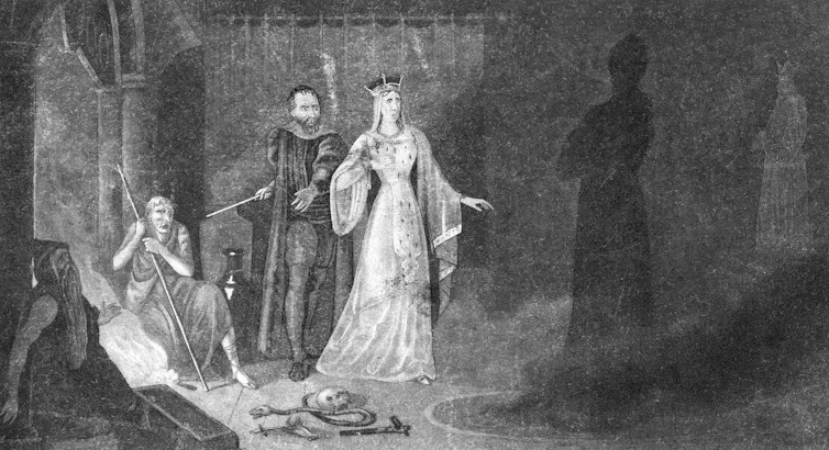 A black and white mezzotint showing a gentlewoman and a witch in a conjuring from medieval times.