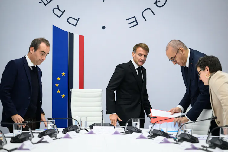 rench president, Emmanuel Macron, with the prime minister, Sebastien Lecornu (left) and interior minister, Laurent Nunez (right).