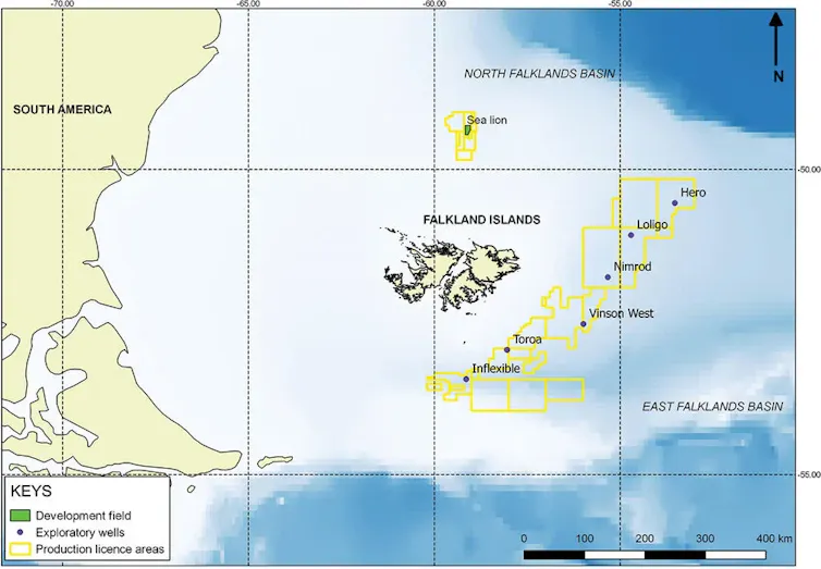 Map showing exploratory oil field (Sea Lion) in North Falklands Basin and exploratory oil wells in East Falklands Basin.