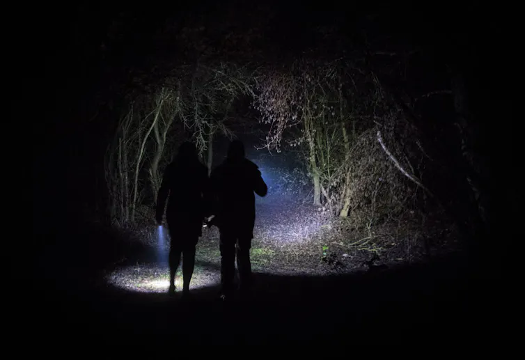 Two people are seen using flashlights at night on a dark path.