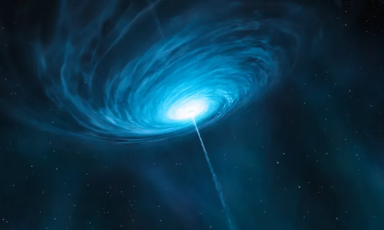 An illustration of a swirling cloud of gas and dust around a bright center, which is emitting a beam of light.