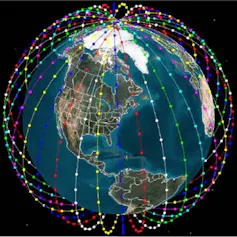 Earth, surrounded by lines of coloured dots.