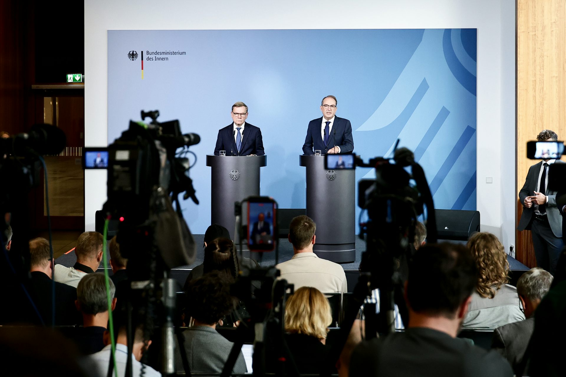 Alexander Dobrindt and Johann Wadephul speak to the press following the drone incident at Leipzig Airport.