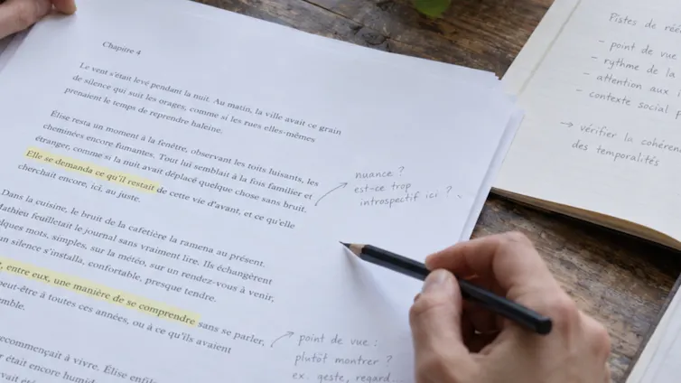Quelqu'un relit et annote une page dactylographiée.