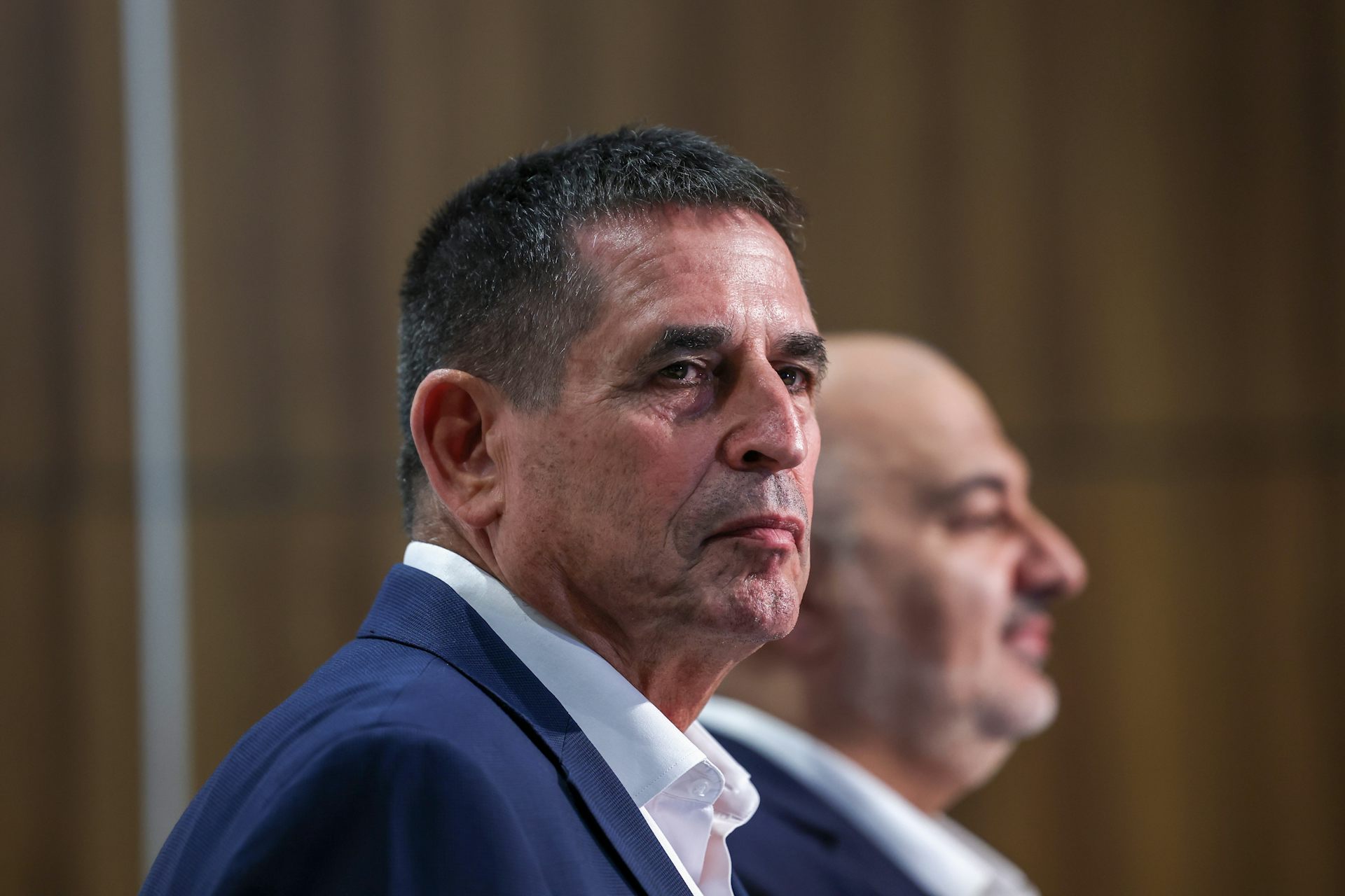 Mansour Abbas and Yoav Segalovitz stand beside one another at a press conference.