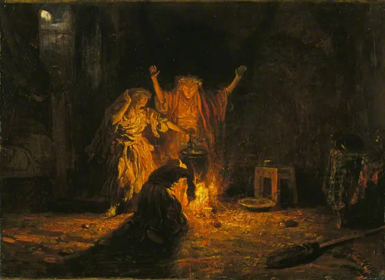 Oil painting, the witches around a cauldron.
