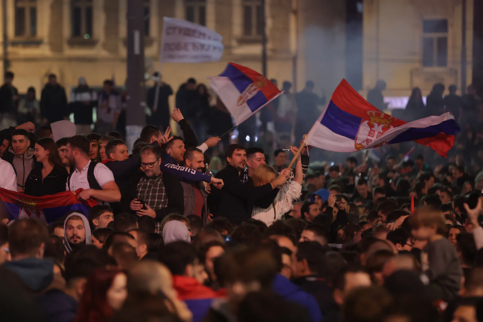 Supporters of the ‘Student List’ celebrate in Belgrade, Serbia, after parliamentary elections on October 25. Andrej Cukic / EPA