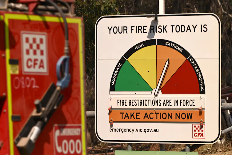 Fire risk signage in the bushfire-affected town of Ruffy in Victoria.