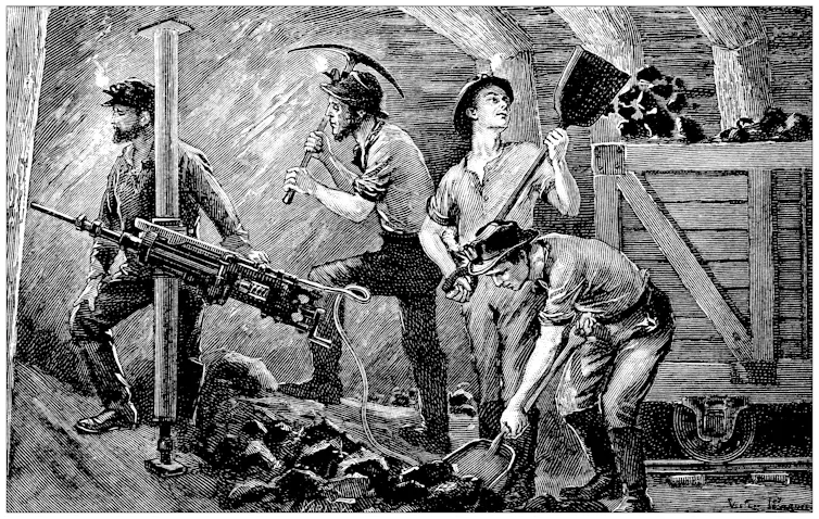 An engraving depicting miners using picks and shovels.