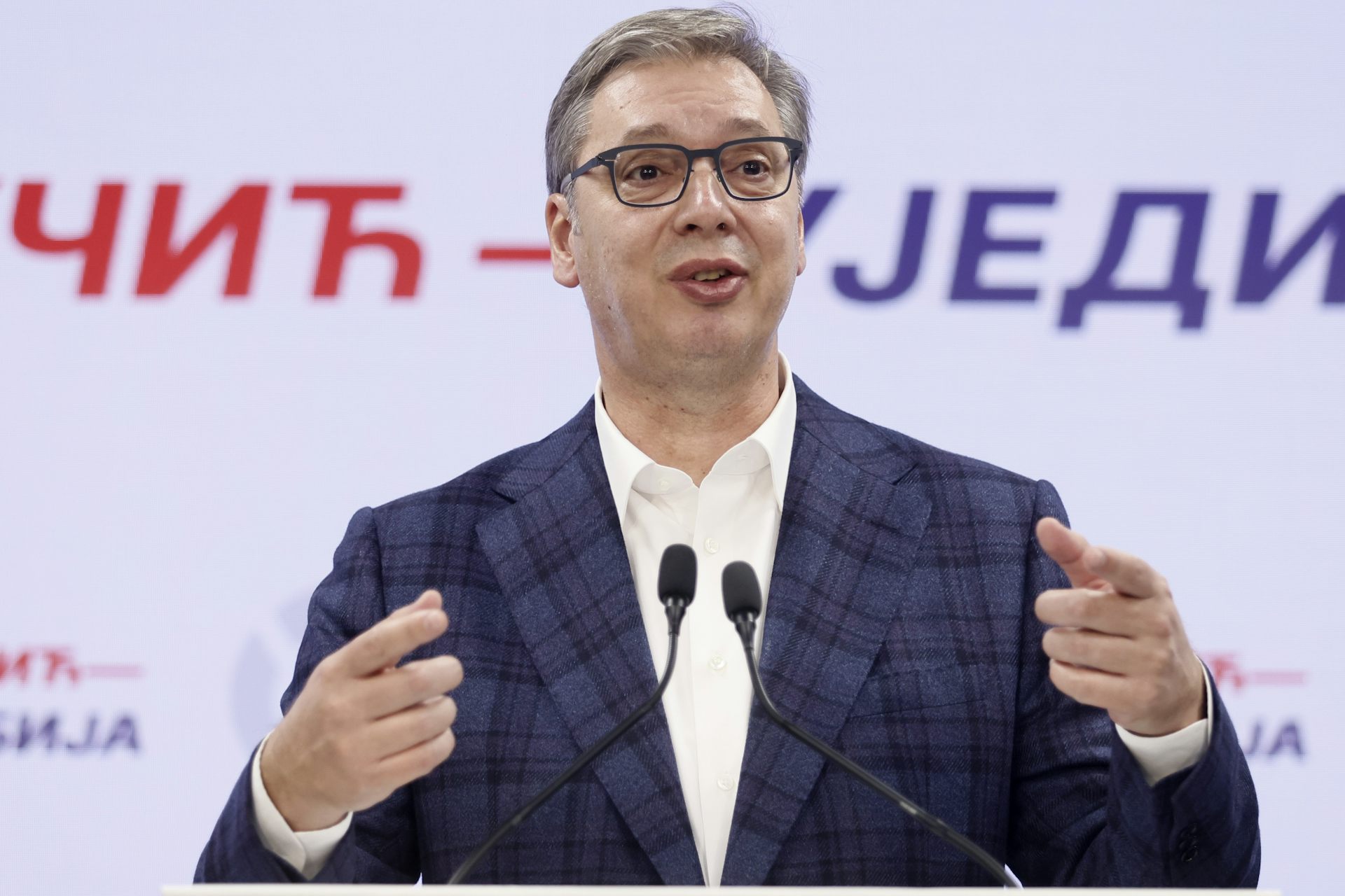 Aleksandar Vučić speaks during a press conference.