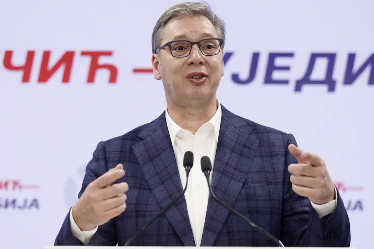 Aleksandar Vučić speaks during a press conference.