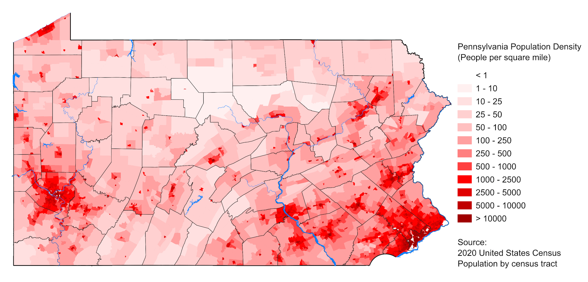 A map shows large population areas in southeastern Pennsylvania