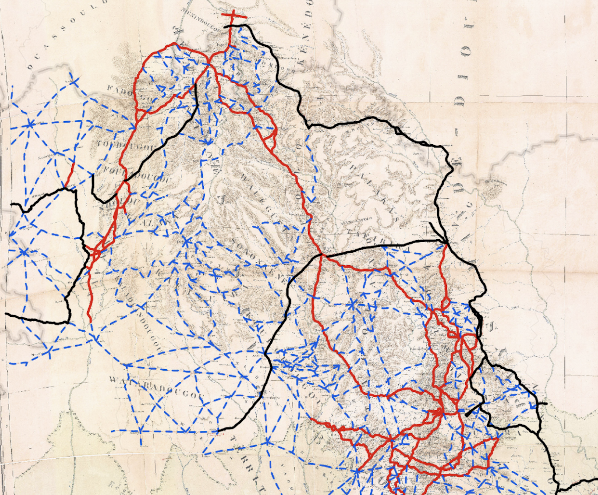 A rudimentary map is shown with red and blue lines