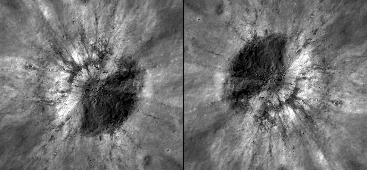 An aerial photo of a crater shown in two different orientations.